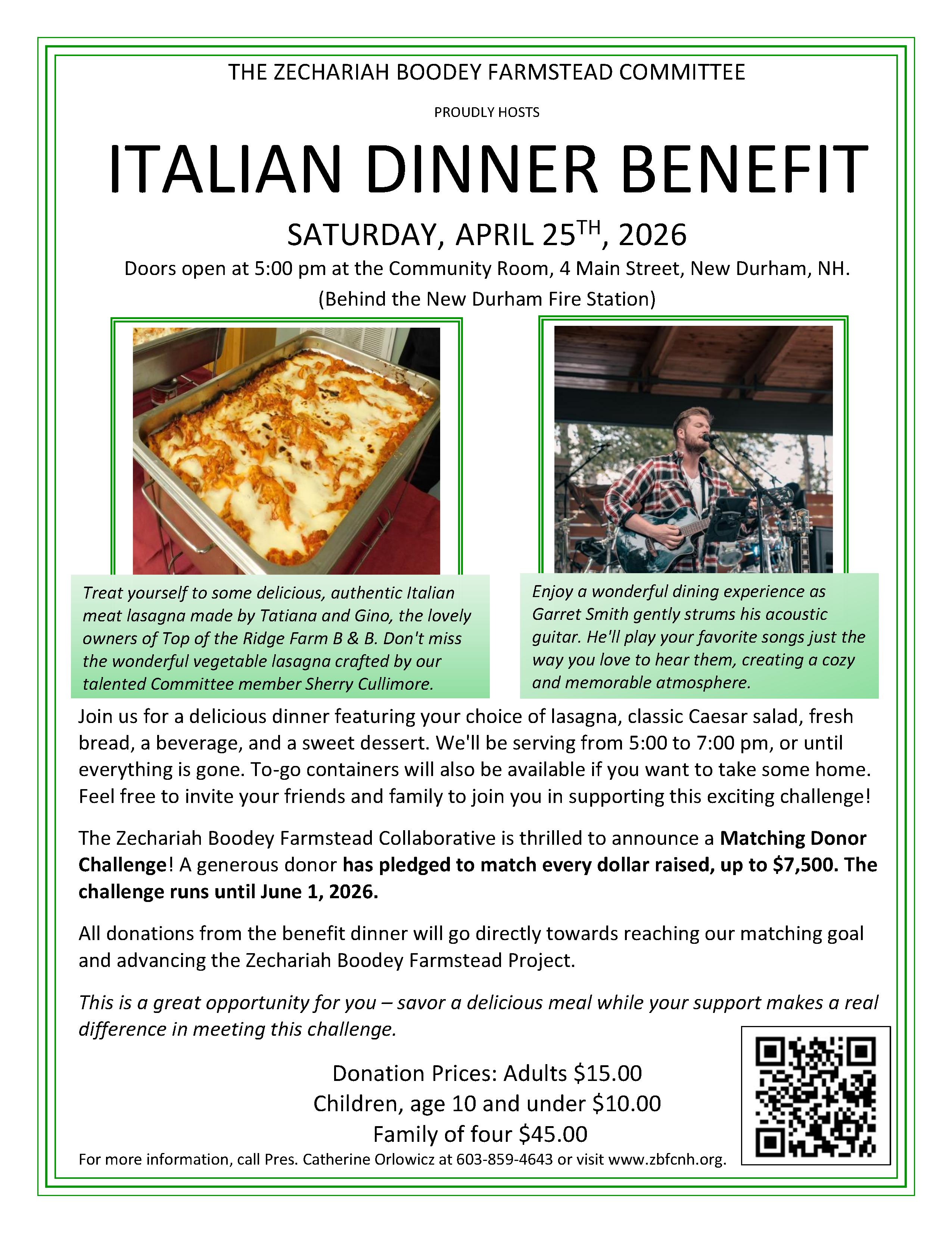 THE ZECHARIAH BOODEY FARMSTEAD COMMITTEE italian dinner poster 4 25 2026 D